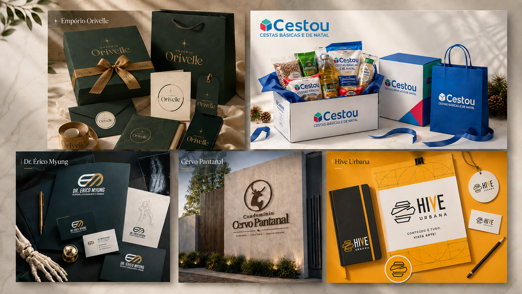 Seleção de projetos de branding desenvolvidos pela Ratsue